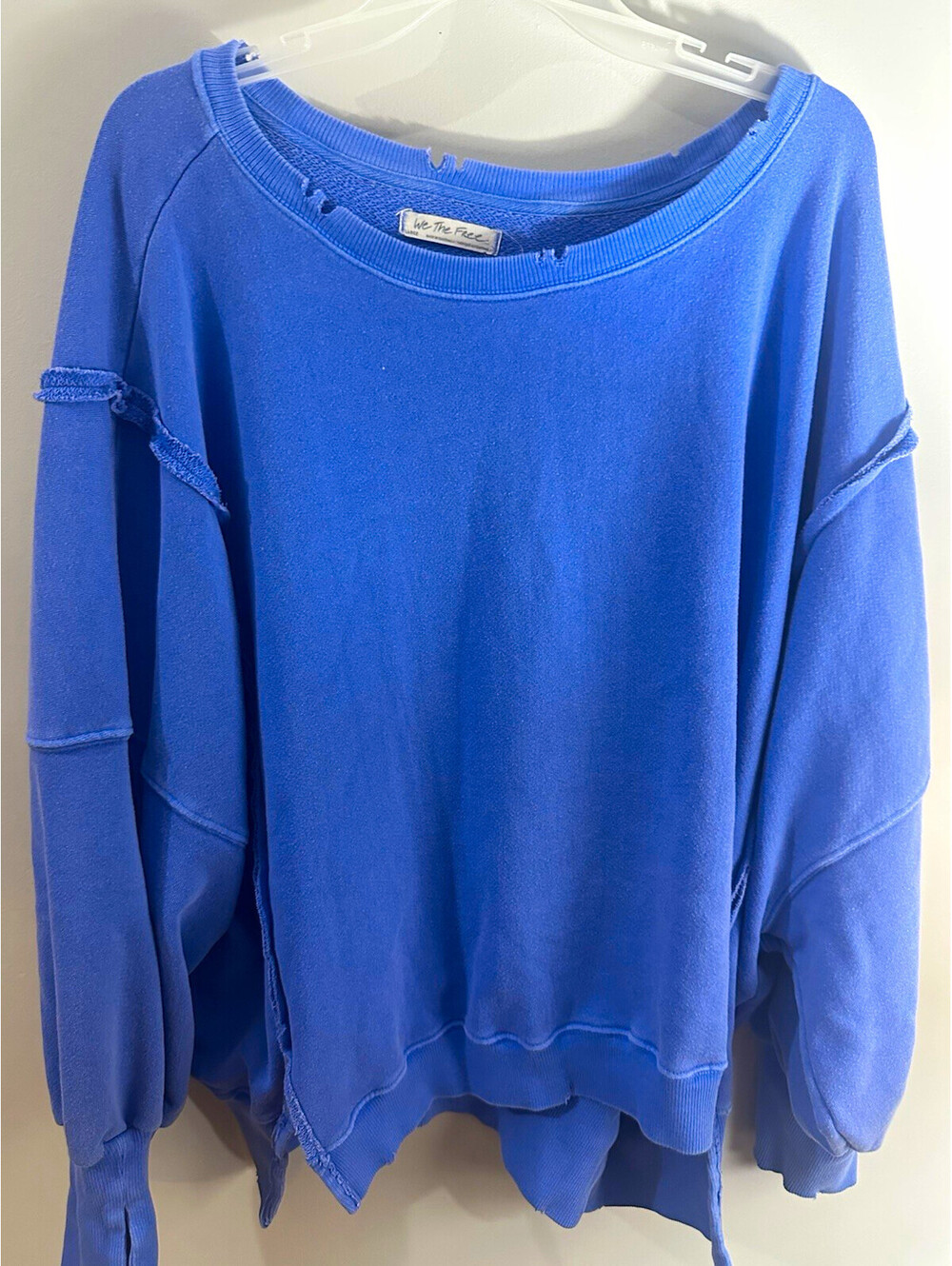 We The Free Women Oversized Camden Fleece Cotton Sweatshirt Blue L Raw Hem Crew